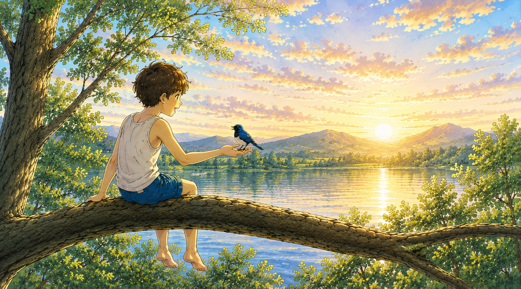 夕暮れの水辺を眺める少年と、隣にとまるオオルリのイラスト