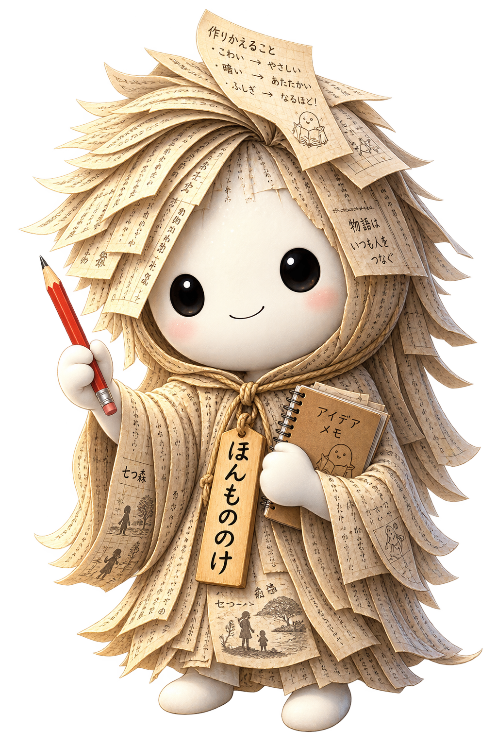 鉛筆とアイデアメモを持つ「ほんもののけ」
